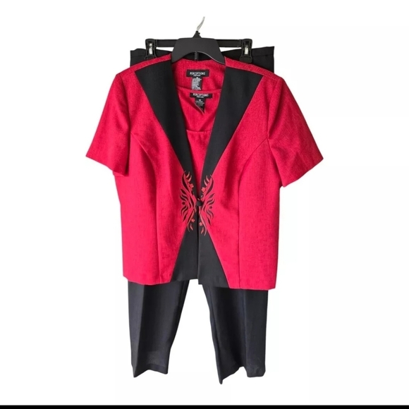 Perceptions 3 Piece Pant Suit Sz 18 Red Black Long Sleeve Embroidered Career New - Picture 1 of 12